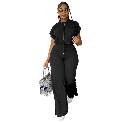 Women Casual Round Neck Drawstring Short Sleeve Top & High Waist Pants Set Summer Solid Two Piece Suit Sets Outfits Set Female