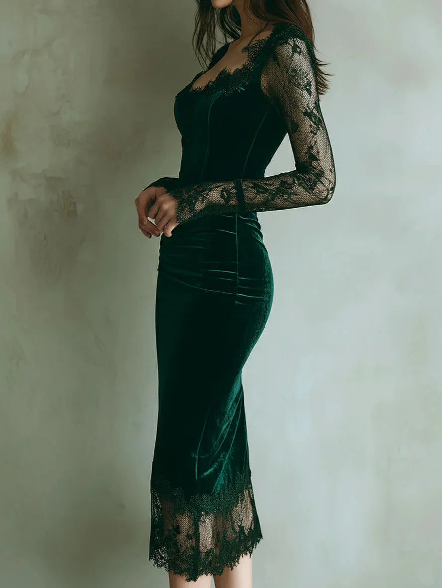 Women’s Velvet Ruched Bodycon Midi Dress with Square Neck and Sheer Mesh Long Sleeve Slim Fit Elegant Party Dress