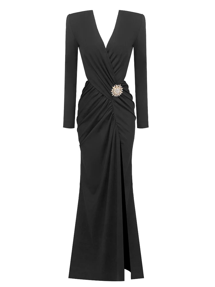 Sexy Long Sleeve V Neck Hollow Out Long Dress Women White/Black Cross Pleated High Split Maxi Dresses Elegant Party Evening Gown