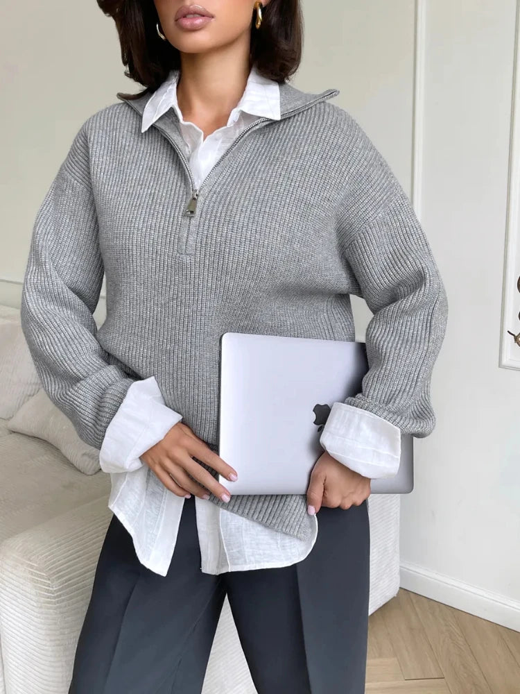 Zipper Knitted Sweaters for Women Autumn Winter New Thicken Warm Jumpers Casual Simple Solid Color Women's Oversized Pullovers