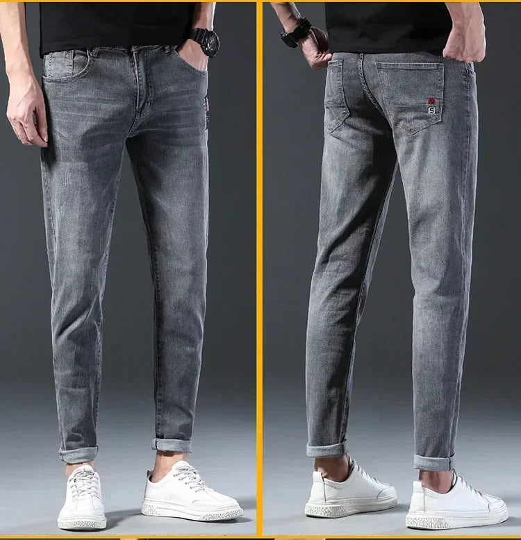 New Men's Denim Pants Slim Straight Gentleman Size 27-38 Slacks Fashion European American Style Stretch Men Luxury Jeans Grey