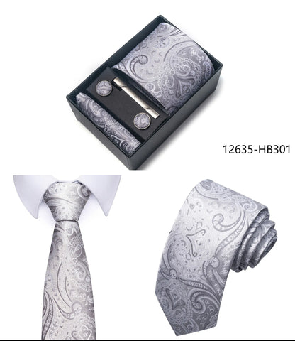 Luxury Brand 8 cm Tie Handkerchief Cufflink Clip Set For Men Wedding Gravata Suit Accessories Holiday Gift Box