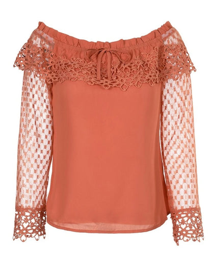 Elegant Women's blouses Fashion 2024 Lace Spliced Off Shoulder Guipure Lace Long Sleeve Tassel Drawstring Top