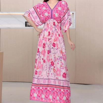 Spring New In Women's Dress V-Neck Short Sleeve Dress Elegant Sweet Print Dress Casual Retro Boho Elastic Waist A-Line Dress