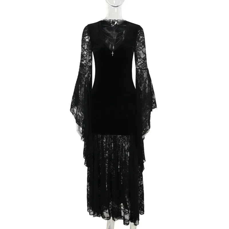 Y2K Goth Floral Lace Mesh Flared Sleeve Bodycon Party Dresses Sexy Vintage Elegant Black Velvet V-Neck Long Dress Partywear