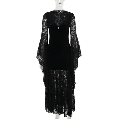 Y2K Goth Floral Lace Mesh Flared Sleeve Bodycon Party Dresses Sexy Vintage Elegant Black Velvet V-Neck Long Dress Partywear