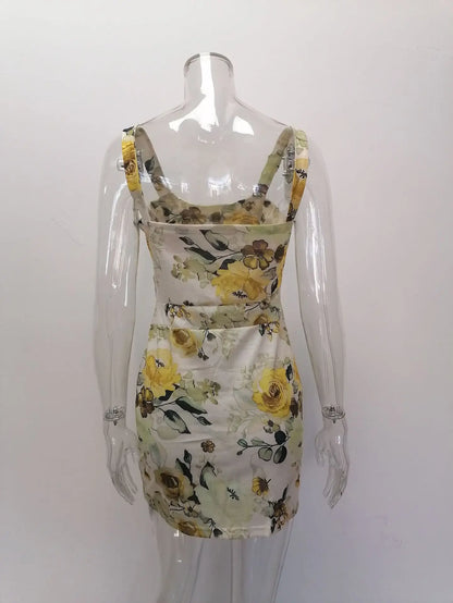 Spring Summer Printed Mini Dresses For Women Sleeveless Hollow Out Package Hip Slim Short Dress Fashion Night Club Party Vestido