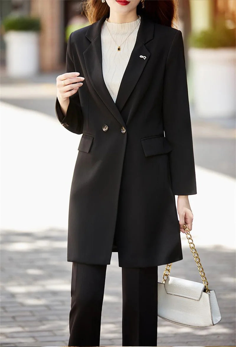 2025 New Blazer Jacket Autumn Winter Casual Long Sleeve Female Suit Coat Mid Long Double Breasted Women Work Wear Jacket