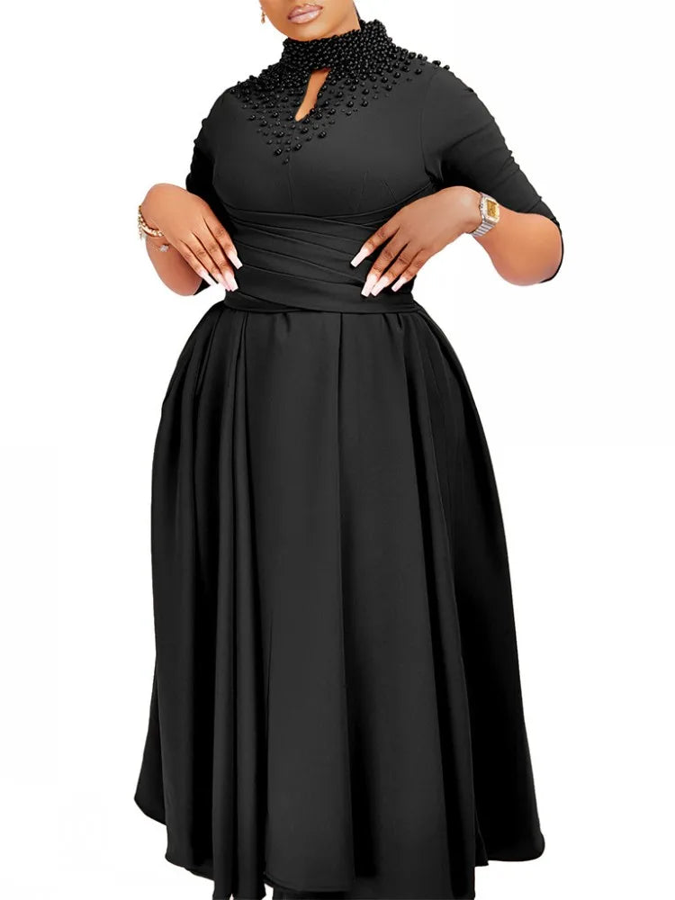 Turtleneck Beaded Elegant Dress Women's Fashion 3/4 Sleeve High Waist Midi African Dress Big Size Outfit Woman Festival Clothing