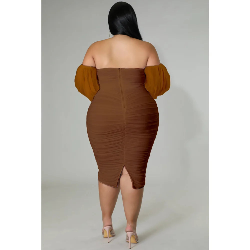 CM.YAYA Plus Size Women Mesh Patchwork Off Shoulder Ruched Bodycon Midi Dress evening Winter 2022 Sexy Party Club Prom Dresses