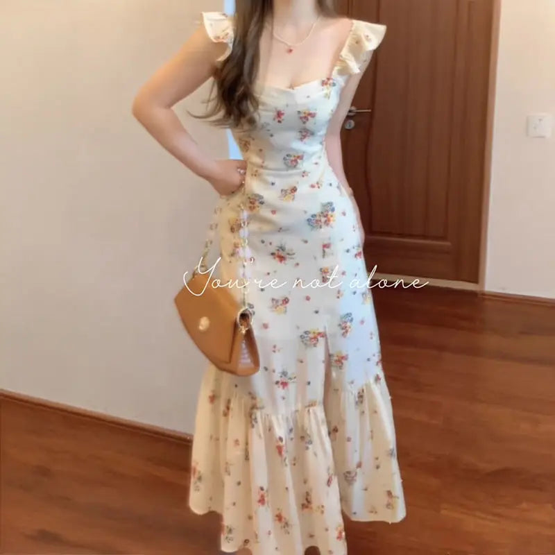 Women Summer Fashion Floral Print Ruffle Sweet Elegant Party Dresses Sexy Split Square Neck Sleeveless Slim Midi Dress Vestidos