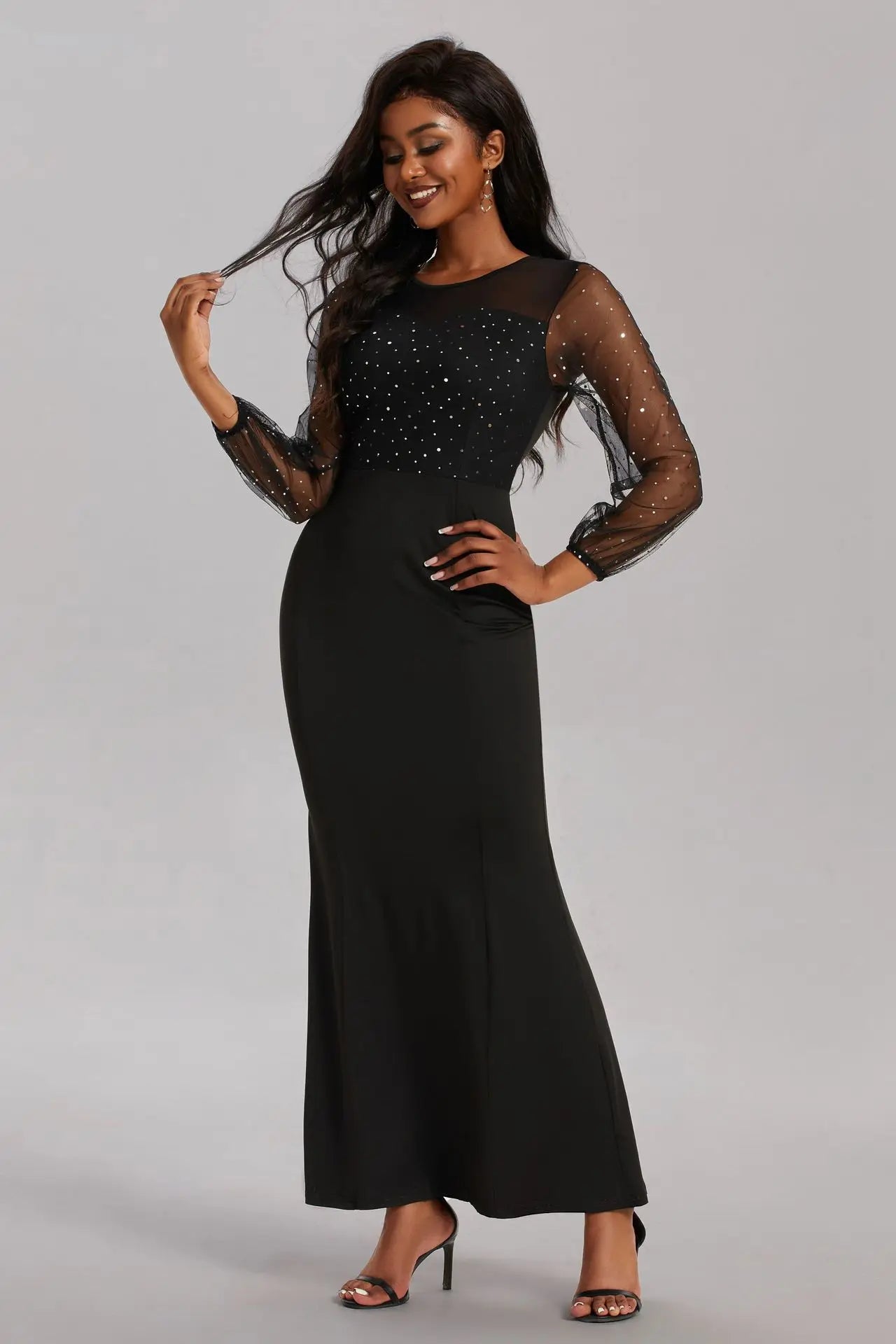 Mesh Patchwork Dress Womens Fashion Round Neck Long Sleeve Slim Elegant Dress Women