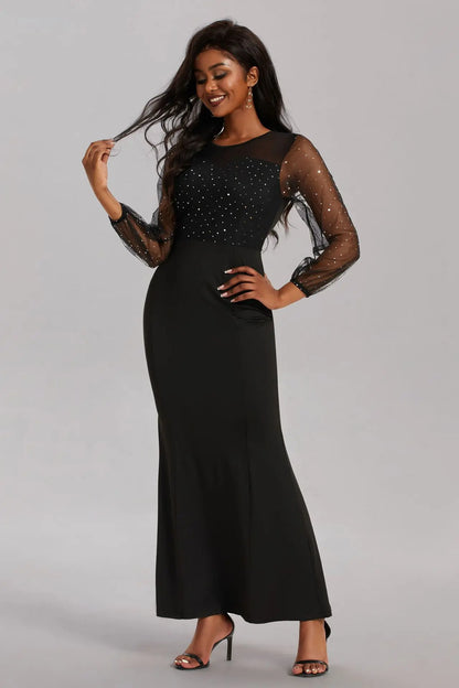 Mesh Patchwork Dress Womens Fashion Round Neck Long Sleeve Slim Elegant Dress Women