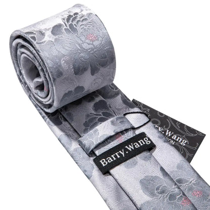 Barry.Wang Black White Gray Silver Silk Men Tie Handkerchief Cufflinks Set Jacquard Necktie for Male Wedding Business Party Gift