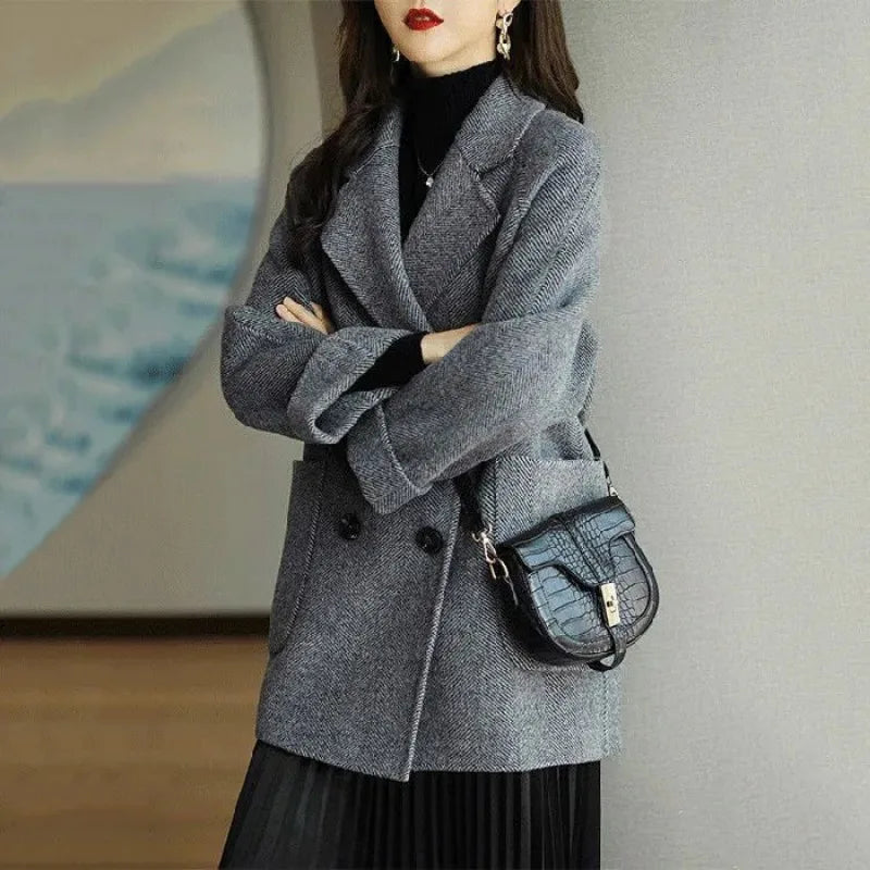 Basics Solid Pockets Coats Women Korean Style Basics Solid Turn-Down Collar Coat Casual Comfortable Loose Wool Autumn Winter