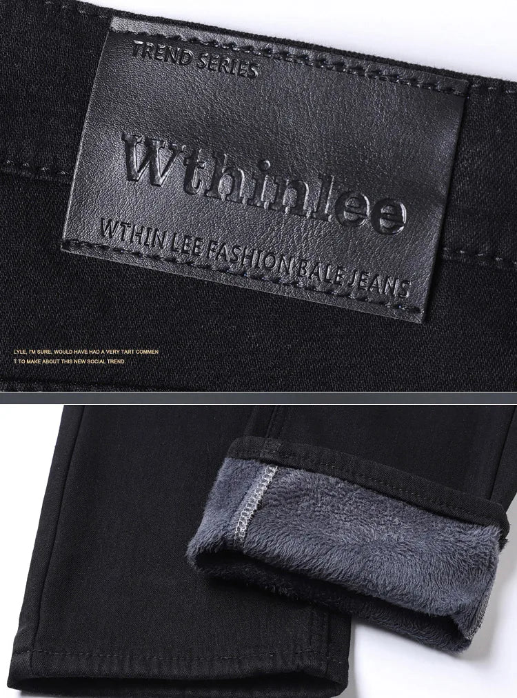 Winter Fleece Thick Warm Men Jeans Slim Skinny Stretch Straight Classic Version of Black Denim Plush Pants Male Brand Clothing