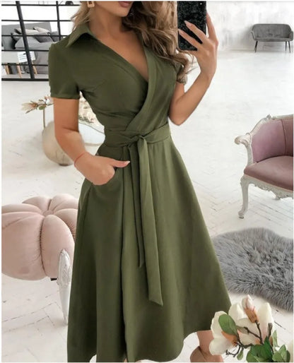 Women's New Short Sleeve Dress Spring Summer Fashion V-neck Printed Bag Hip Dress for Women  Temperament  Personality Wear