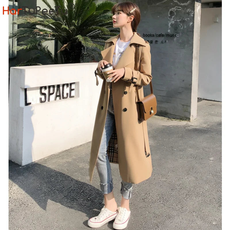 Women's Long Trench Coats V Neck Double-Breasted Windproof Jacket with Belt 2022 Fall Fashion Street Wear Size S-XL Dropshipping