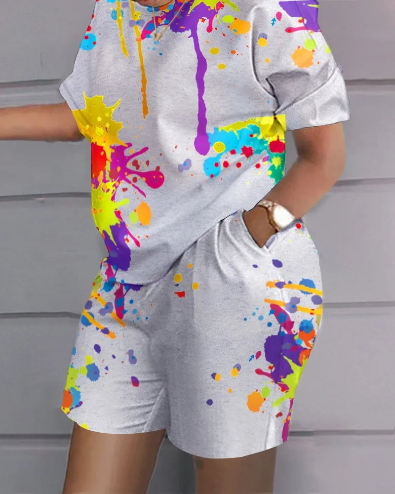 Casual Loose Short Sleeve Tshirt Shorts Set Office Lady Summer Fashion O-neck Colorful Print Two Piece Set Women Outfit 2023