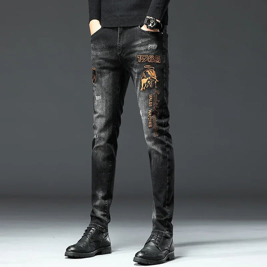 Trendy Black Embroidered Jeans For Men Casual Comfortable Slim Fit Printed Flexible Small Footwear Youth Fashion