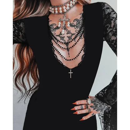 Y2K Goth Floral Lace Mesh Flared Sleeve Bodycon Party Dresses Sexy Vintage Elegant Black Velvet V-Neck Long Dress Partywear