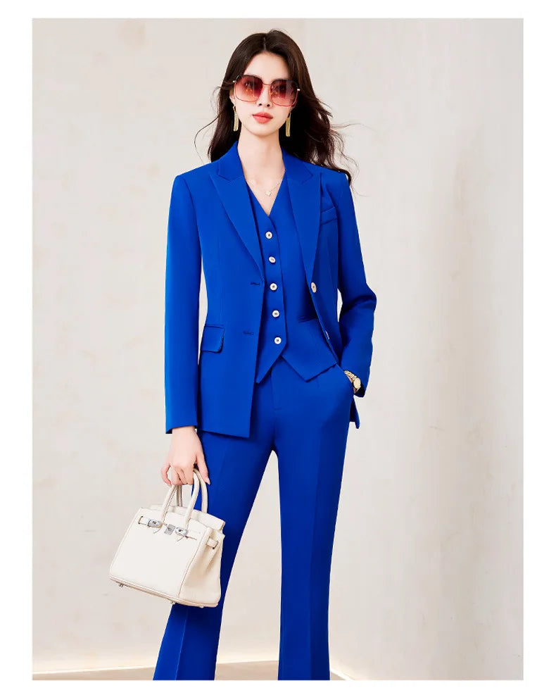 Temperament Women's Office Suit Jacket Pants Vest 3 Piece Blue Notch Lapel Jacket Autumn Women's Pants Sets ropa de mujer