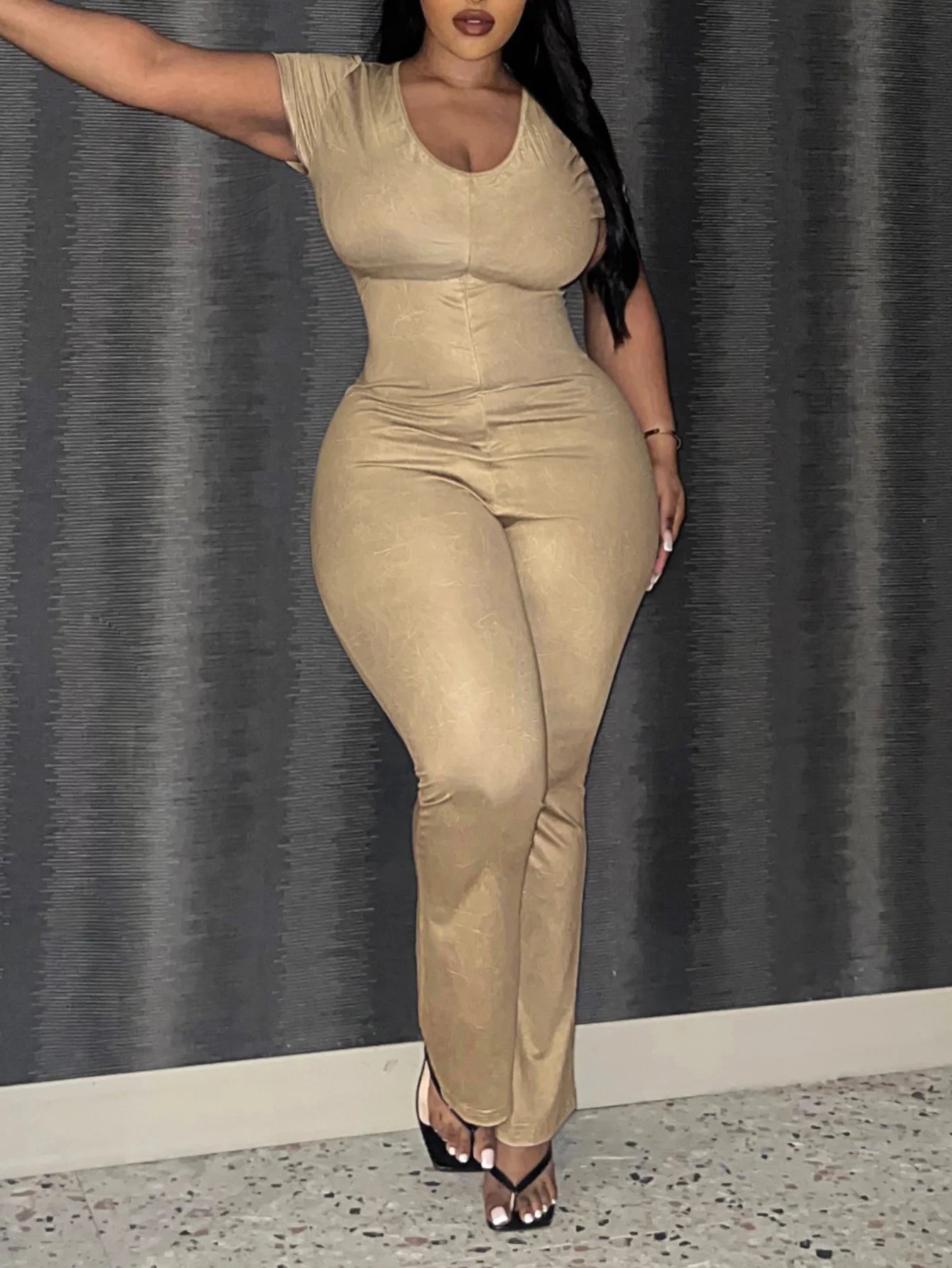 LW Plus Size women's clothing U Neck Skinny Flared Jumpsuit summer short sleeve jumpsuit Casual Skinny Fashion Overall Outfit