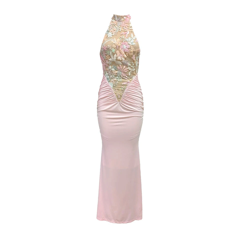 Sexy Red Floral High-Neck Bodycon Dress with Pleated Detailing – Halter Sleeveless Evening Gown | Stylish Party Wear