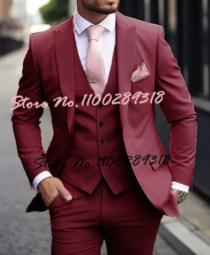 Pink Luxury Men's Suits Terno Formal Outfits 3 Piece Jacket Pants With Vest Slim Fit Luxury Costume Homme Formal Occasion Terno
