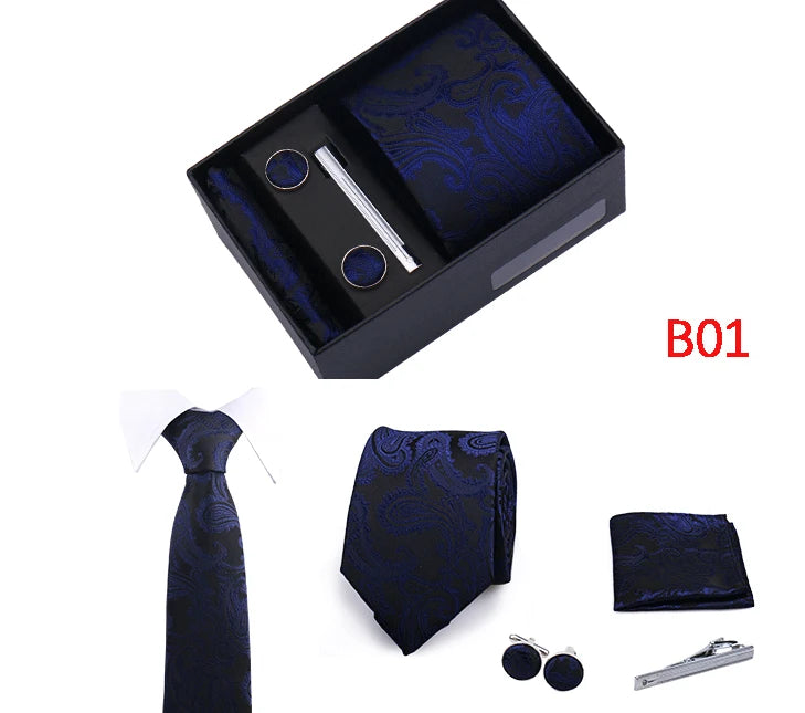 Ties Gift Box Brand Design Top Quality Jacquard Necktie Hanky Cufflink Set Tie Clip For Men Gravatas Business Wedding