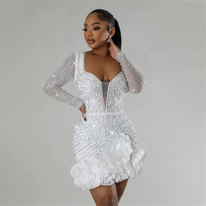 2024 New Women Mesh Sleeve Bodycon Sexy Diamonds Birthday Party Dress Tierred Ruffles Rhinestone Pearls Night Club Dress Pink
