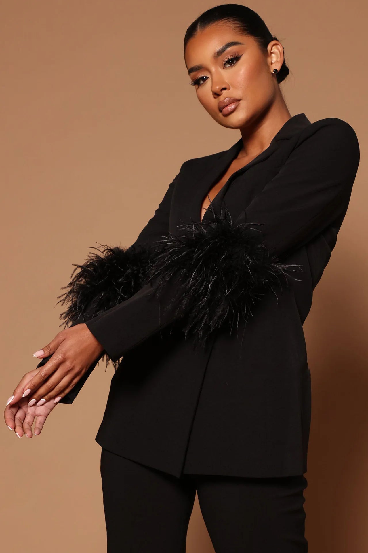 CM.YAYA Vintage Women Fur Hem Long Sleeve Blazer Suit and Pants 2023 Chic OL Fashion Two 2 Piece Set Outfits Basic Tracksuit