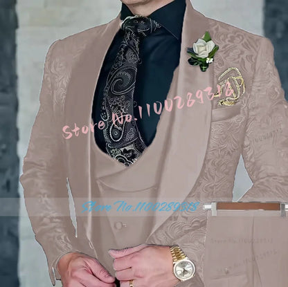 Jacquard Men's 3-piece Suit Set Formal Party Dress Groom Tuxedo High Quality Elegant Men Terno Masculino  Costume Homme Mariage