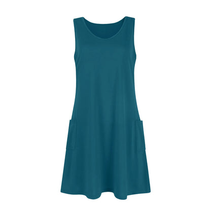 Womens Summer Dresses Plain Loose V Neck Sleeveless Sundresses Swimsuit Coverup With Pockets Vestidos Para Mujer платье женское