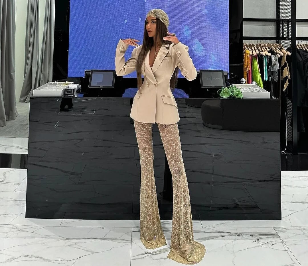 2024 Stylish Woman Oversize Suit Coat And Shining Diamonds Mesh Pants 2 Pieces Set Fashion Woman High Street Wear Party Outfit