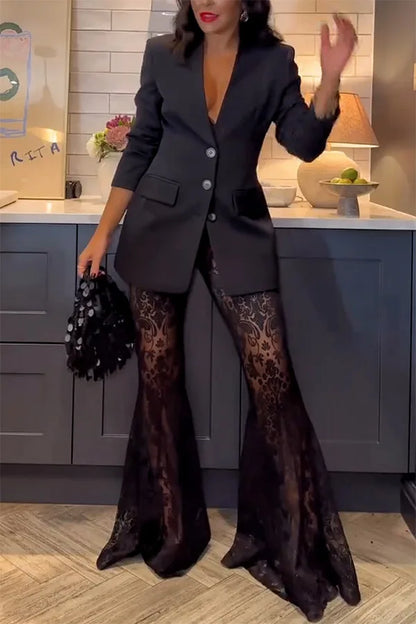 Women's Elegant Blazer Jacquard Lace Pants Sets Slim Button Full Sleeve Suit Jacket Long Flare Trousers Lady Party Outfits