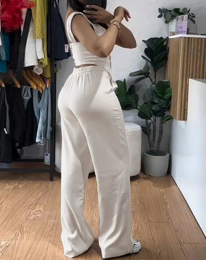 Women's Sexy Suits 2025 Spring Summer Latest 2 Piece Thick Strap Button Front Slim Fit Tank Top High Waist Wide Leg Pants Set
