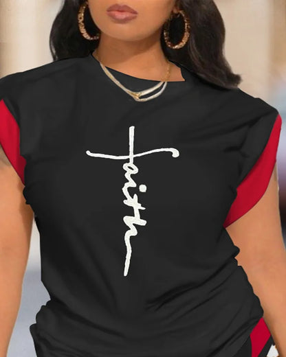 Two Piece Short Sets Print Letter Round  Neck T Shirts High Waist Pants Splice Tops Pullover Summer Ladies Beach Style