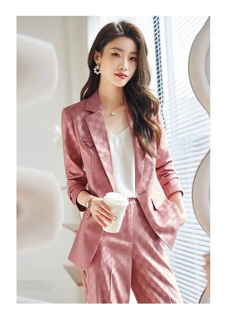 Women's Spring Autumn New Fashion Plaid Professional Suit Jacket Matching Set Korean Elegant Casual Blazers Pants Two Piece