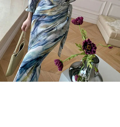 Spring Autumn New Fashion Dress Sets Women Turn-down Collar Long Sleeve Button Printing Shirt Lacing Mid-length A-line Skirt