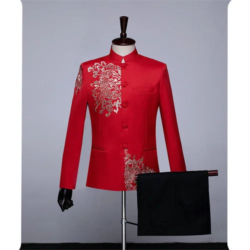 New Men Standing Collar Embroidered Suit 2 Piece Fashion Male Business Social Wedding Prom Stage Performance Dress Blazer Pant