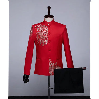New Men Standing Collar Embroidered Suit 2 Piece Fashion Male Business Social Wedding Prom Stage Performance Dress Blazer Pant