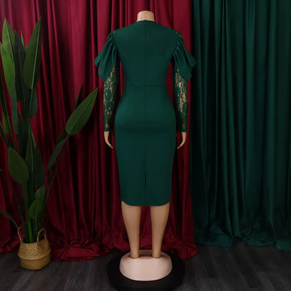 Sexy Bodycon Dresses for Women O Neck Lace Sleeve Sheath Package Hips Mid Calf Female Luxury Birthday Party Dinner Vestidos