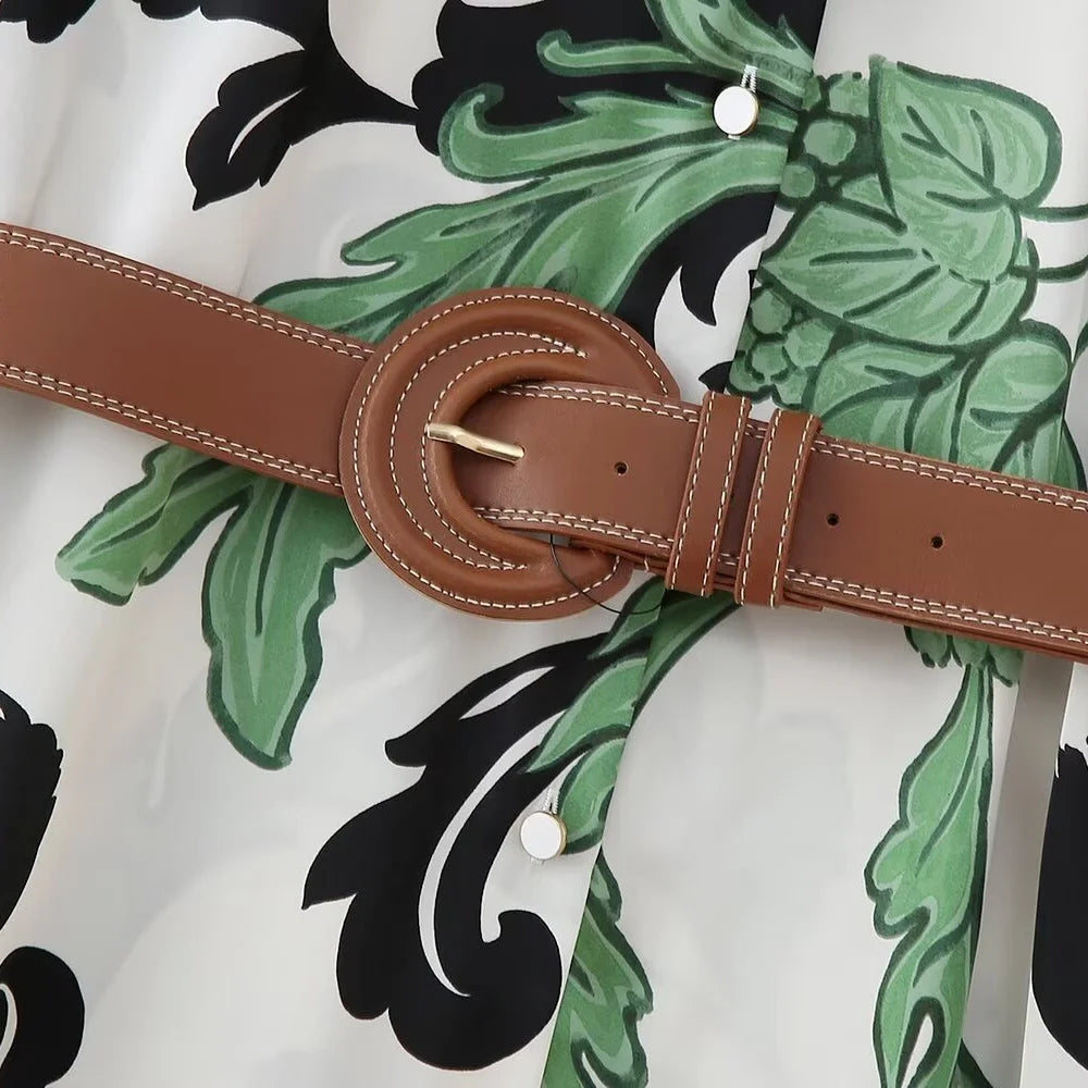 Spring and summer women's fashionable new style with belt printed shirt style dress