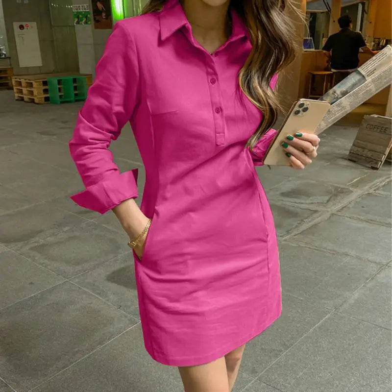 2024 VONDA Summer Women Shirt Dress Elegant Long Sleeve Solid Color Mini Sundress Casual Loose Buttons Pockets Short Vestidos