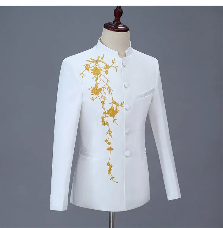 New Men Stand Collar Embroidery Suit 2 Piece Black / White / Red Fashion Male Stage Party Perform Blazer and Trousers