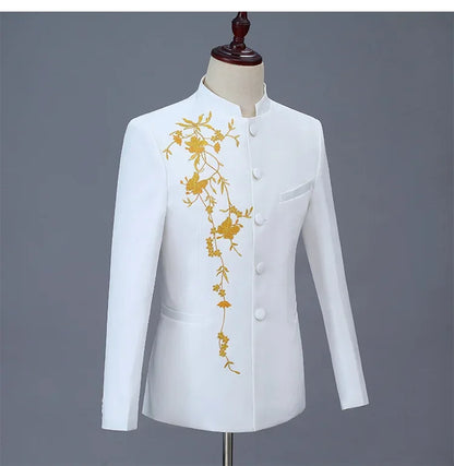New Men Stand Collar Embroidery Suit 2 Piece Black / White / Red Fashion Male Stage Party Perform Blazer and Trousers