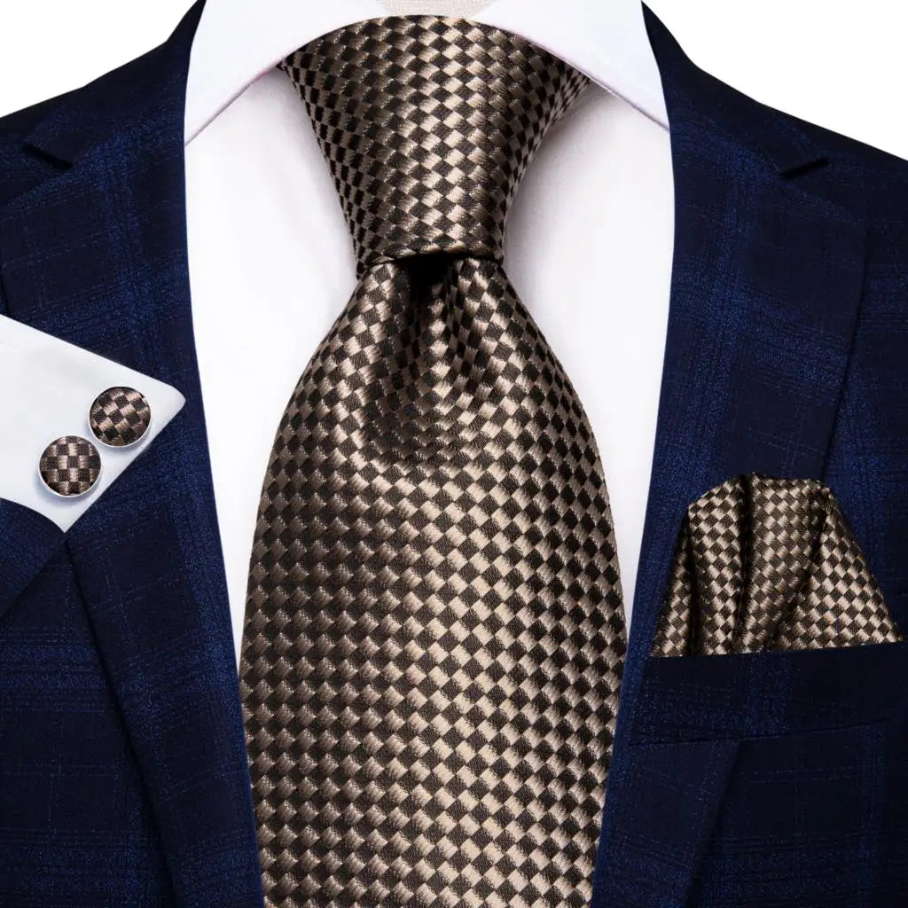 Hi-Tie Paisley Brown Tie For Men Elegant Mens Necktie Pocket Square Cufflink Groom Wedding Accessory Wholesale New Designer