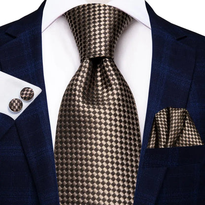 Hi-Tie Paisley Brown Tie For Men Elegant Mens Necktie Pocket Square Cufflink Groom Wedding Accessory Wholesale New Designer