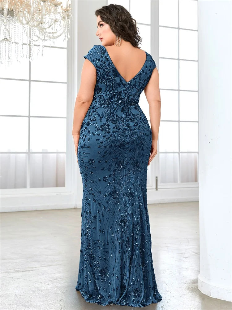 XUIBOL Plus Size  Elegant Sequin Evening Dress Long 2024 Women Mermaid Formal Deep V-neck Prom Luxury Wedding Party Dresses